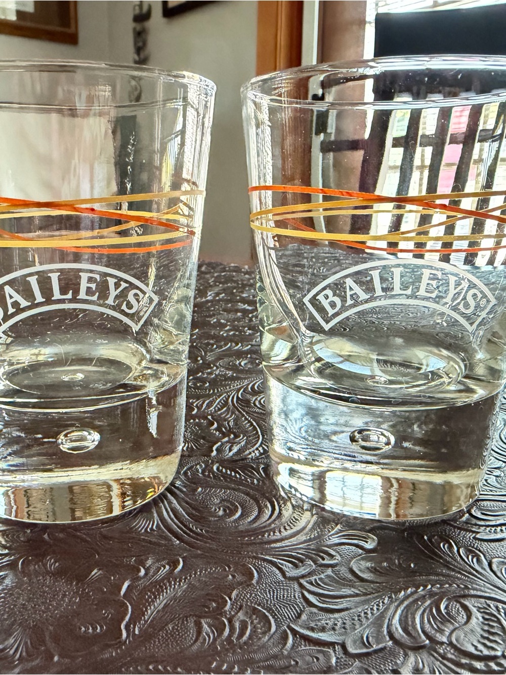 Baileys vintage Clear Glasses - Orange and Gold Accent.  Bubble base.